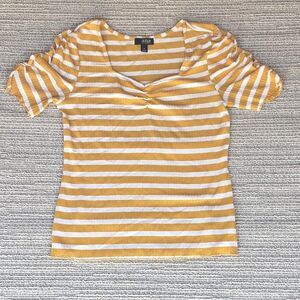 ANA A New Approach Yellow White Striped Ribbed Short Sleeve Knit Top Shirt  Sz M